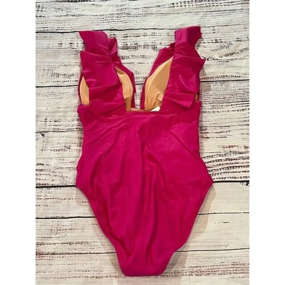 J.Crew Womens‎ Ruched Ruffle One Piece Swimsuit Beach Fuchsia Pink Size 8 NWT